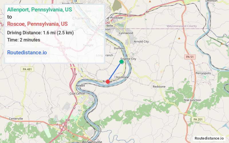 Route map from Allenport to Roscoe