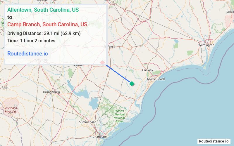 Route map from Allentown to Camp Branch