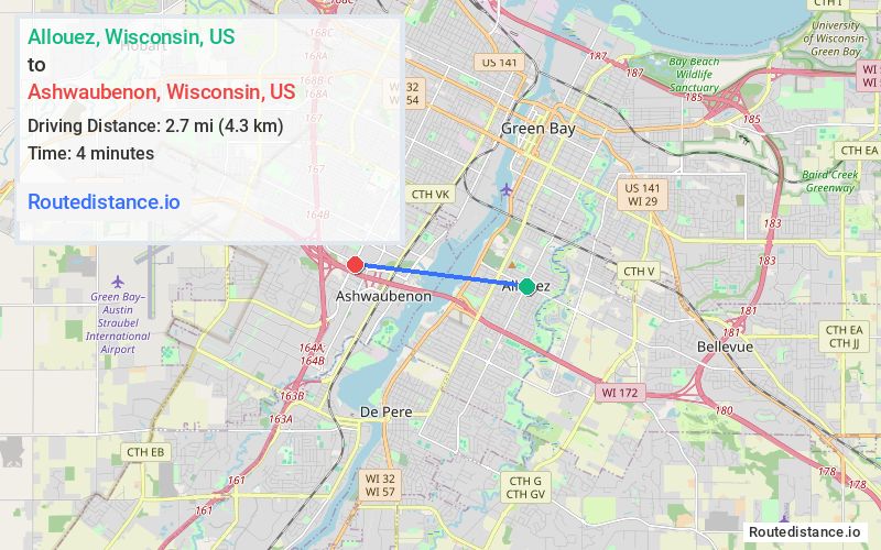 Route map from Allouez to Ashwaubenon