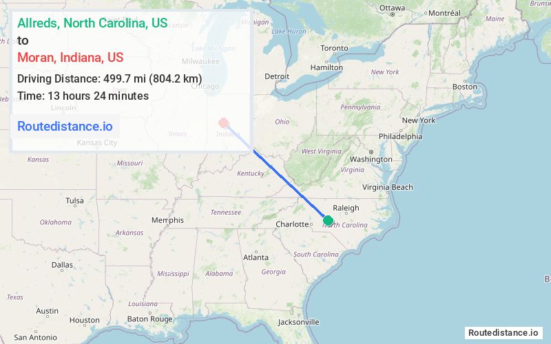 Route map from Allreds to Moran