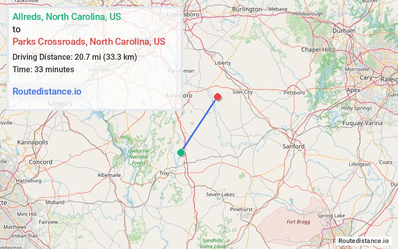 Route map from Allreds to Parks Crossroads