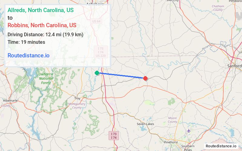Route map from Allreds to Robbins