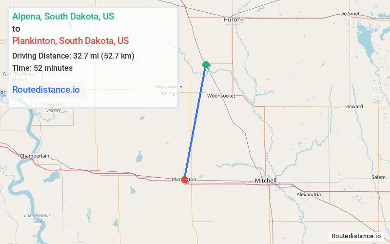 Route map from Alpena to Plankinton
