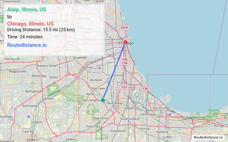 Route map from Alsip to Chicago