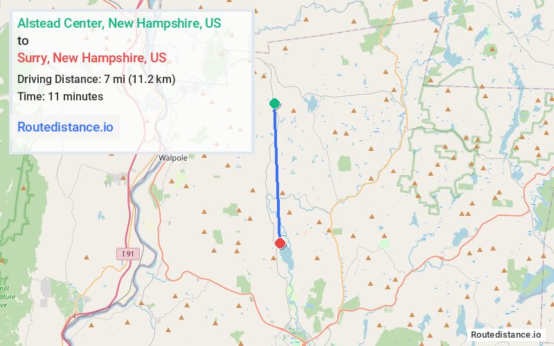 Route map from Alstead Center to Surry