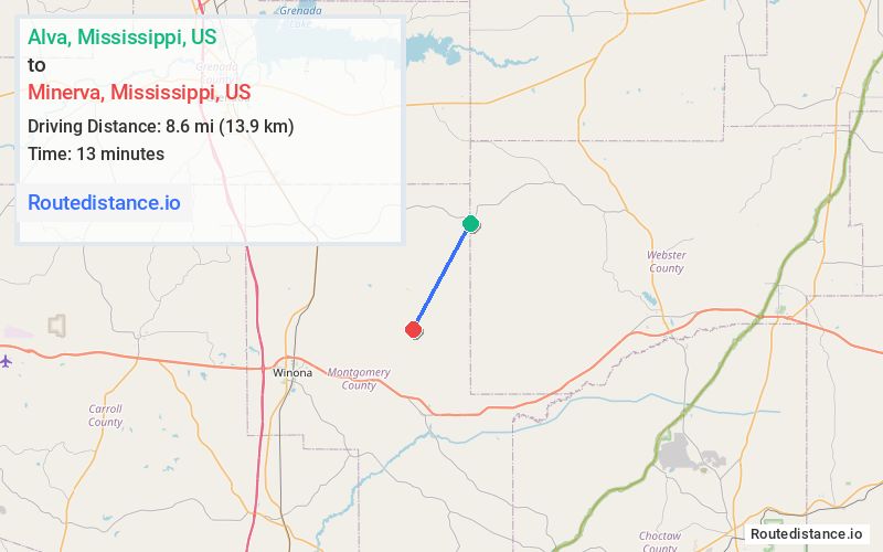 Route map from Alva to Minerva