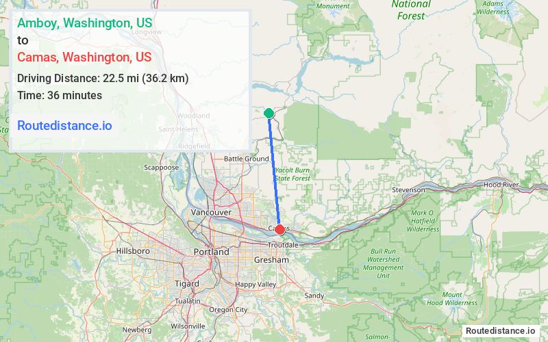 Distance from Amboy to Camas