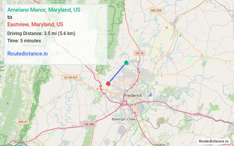 Route map from Amelano Manor to Eastview