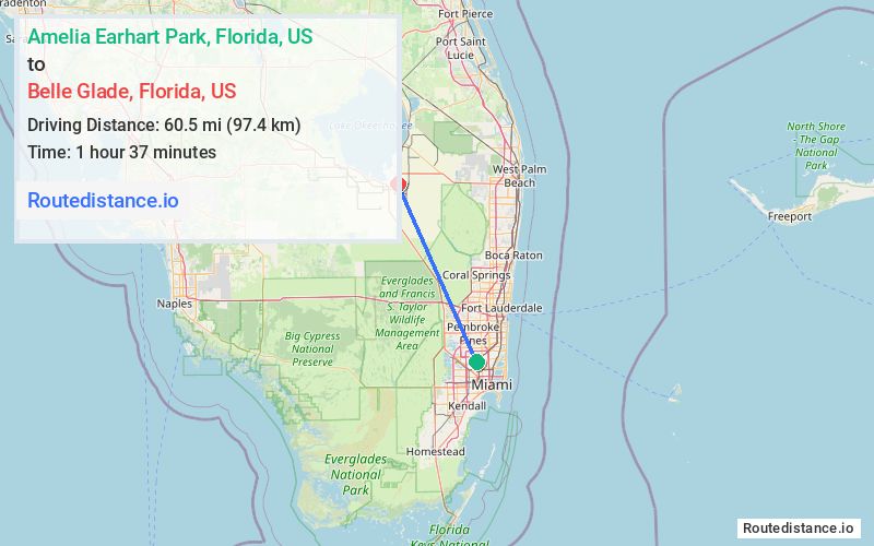 Route map from Amelia Earhart Park to Belle Glade
