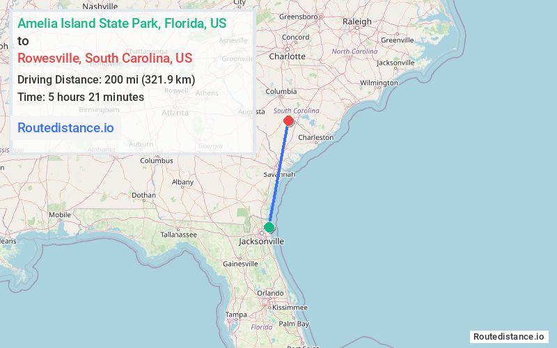 Route map from Amelia Island State Park to Rowesville