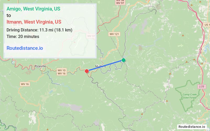 Route map from Amigo to Itmann