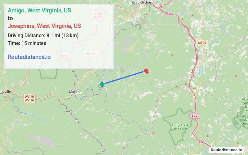 Route map from Amigo to Josephine