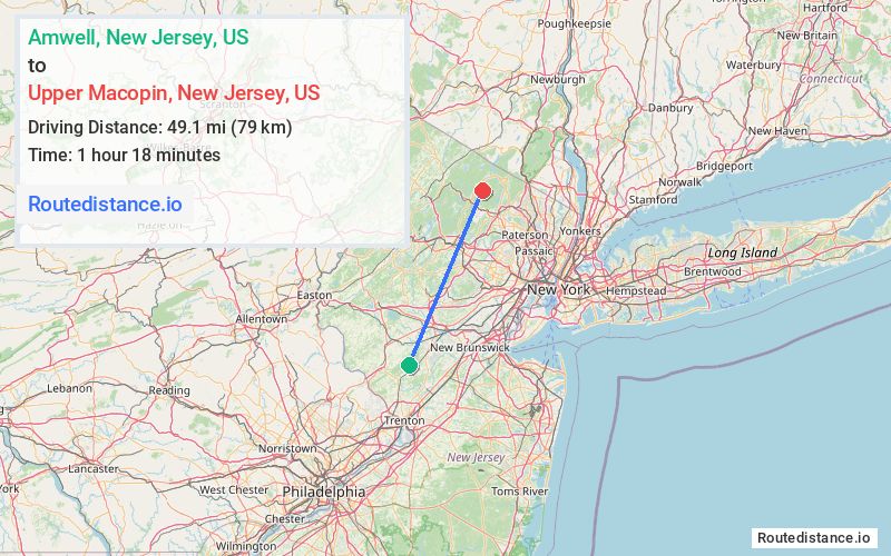 Route map from Amwell to Upper Macopin