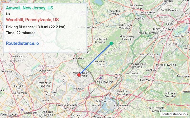 Route map from Amwell to Woodhill