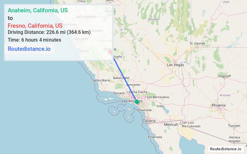 Route map from Anaheim to Fresno
