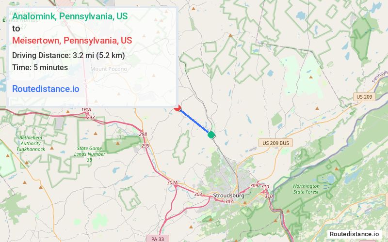 Route map from Analomink to Meisertown