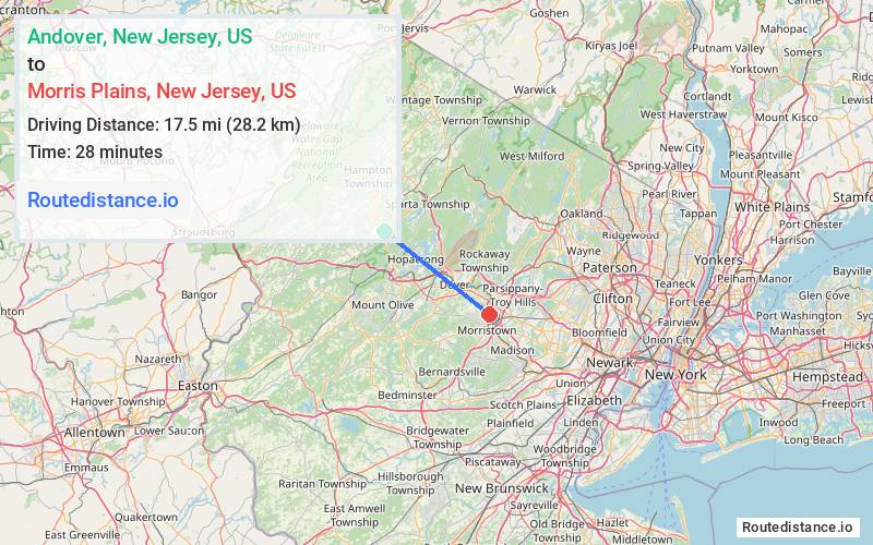 Route map from Andover to Morris Plains
