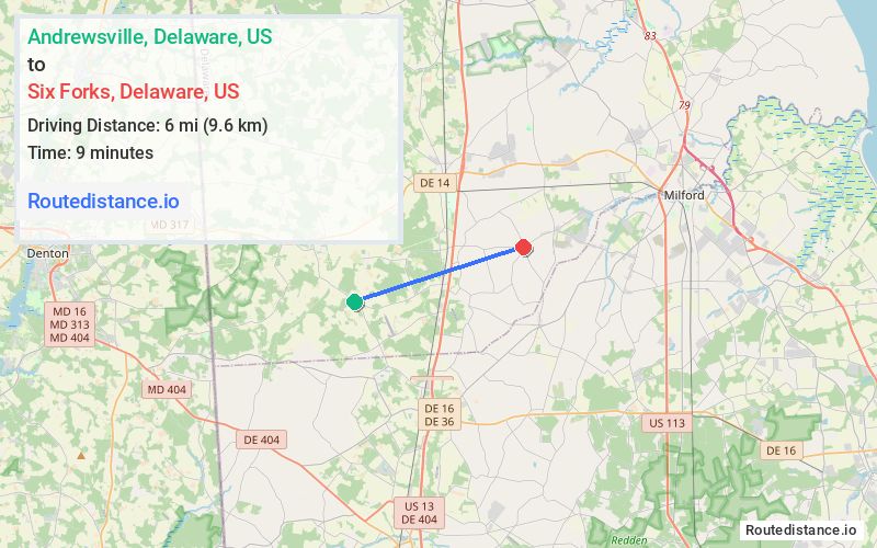 Route map from Andrewsville to Six Forks