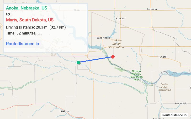 Route map from Anoka to Marty