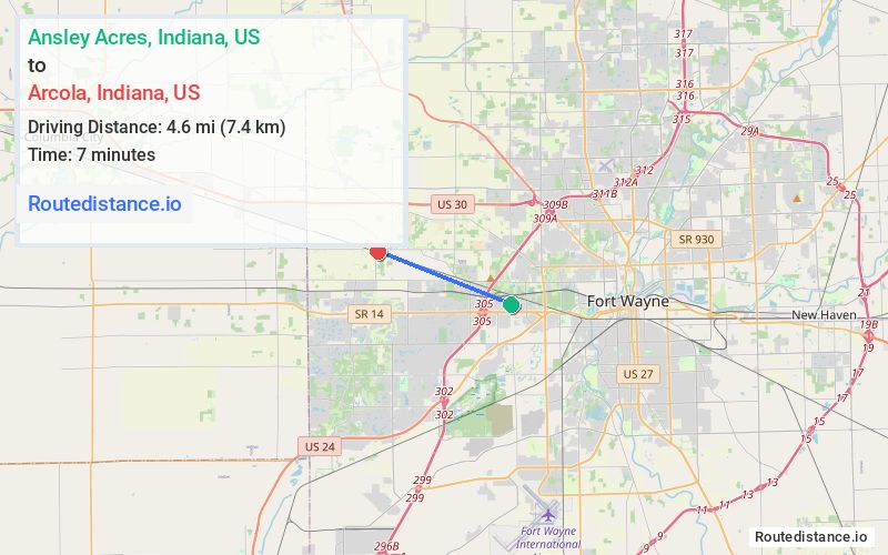 Route map from Ansley Acres to Arcola