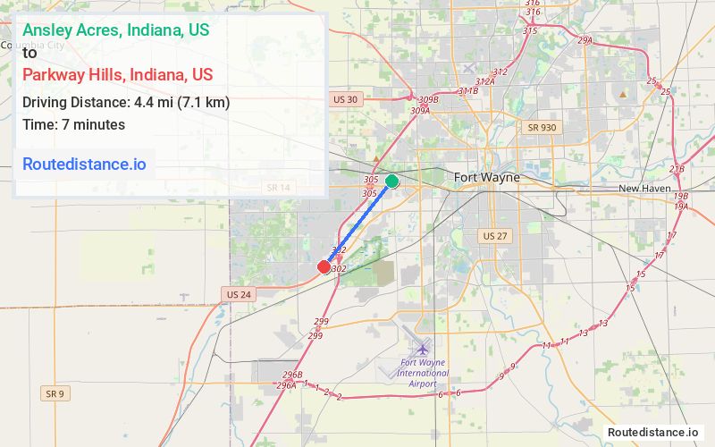 Route map from Ansley Acres to Parkway Hills