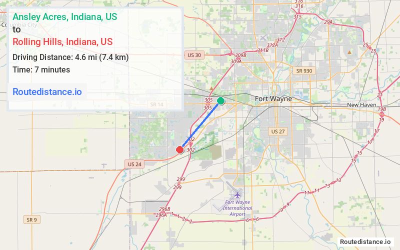 Route map from Ansley Acres to Rolling Hills