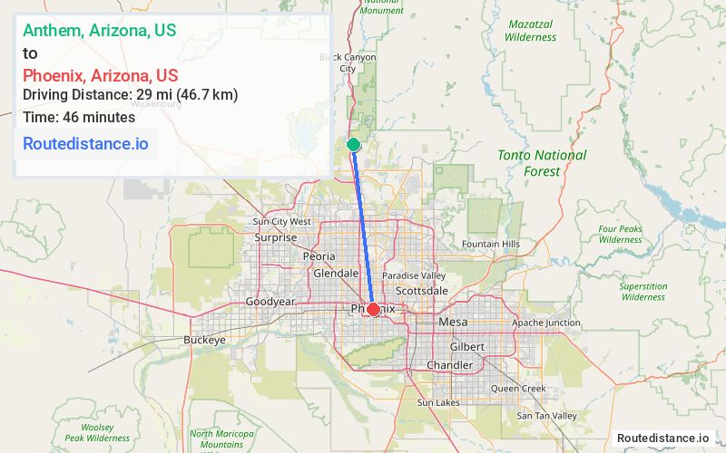 Route map from Anthem to Phoenix