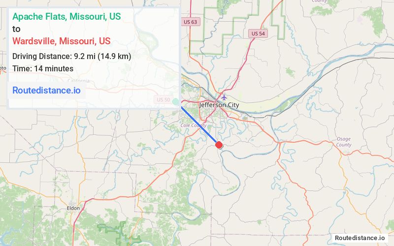 Route map from Apache Flats to Wardsville