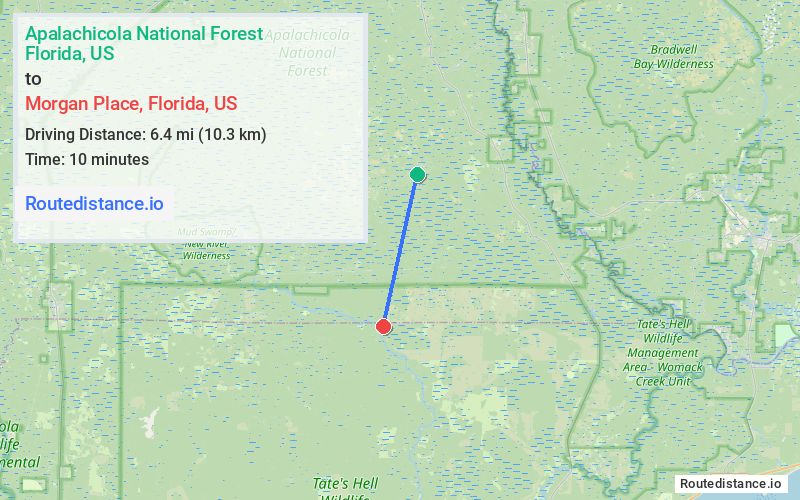 Route map from Apalachicola National Forest to Morgan Place