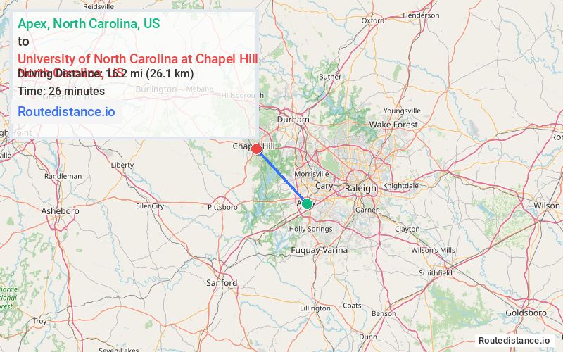 Route map from Apex to University of North Carolina at Chapel Hill