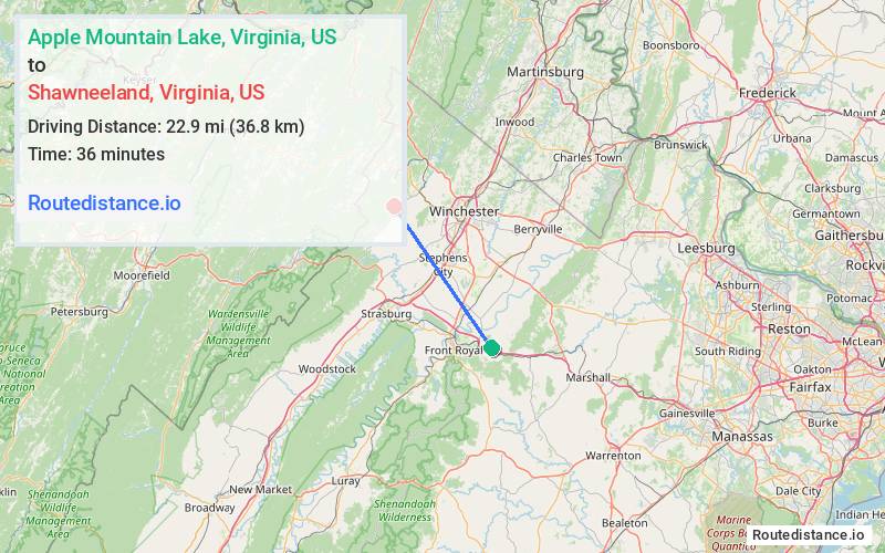 Route map from Apple Mountain Lake to Shawneeland