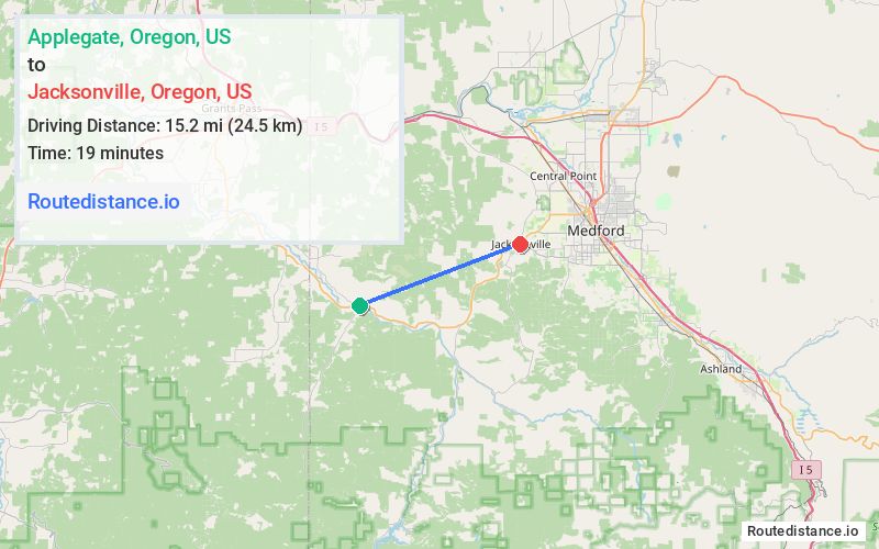 Route map from Applegate to Jacksonville