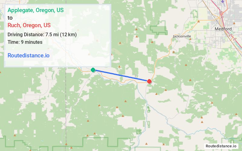 Route map from Applegate to Ruch