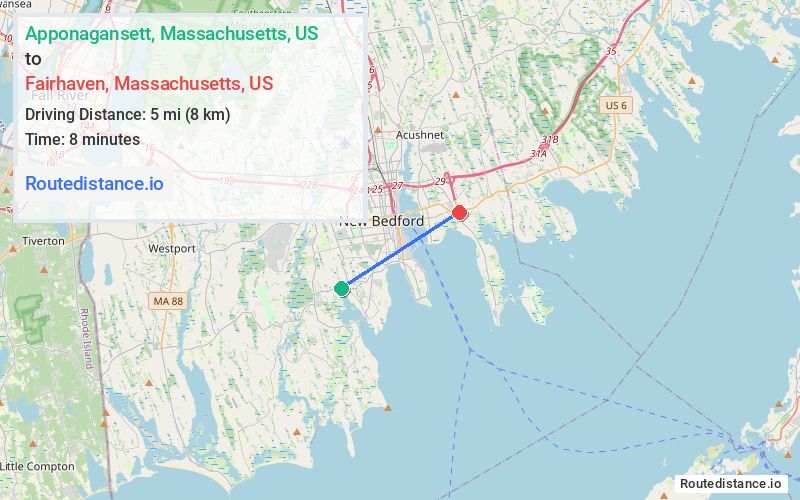 Route map from Apponagansett to Fairhaven