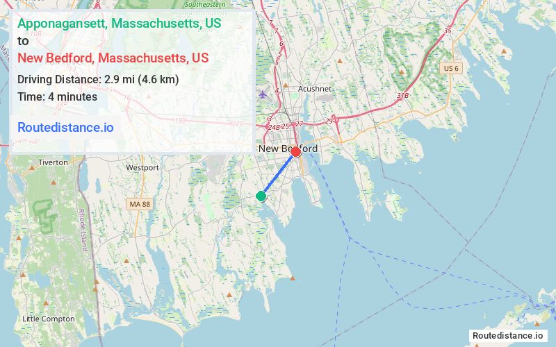 Route map from Apponagansett to New Bedford