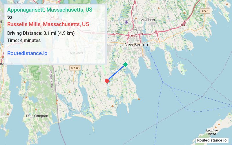 Route map from Apponagansett to Russells Mills