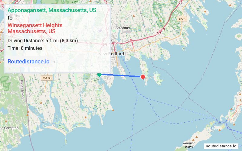 Route map from Apponagansett to Winsegansett Heights