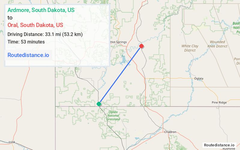 Route map from Ardmore to Oral