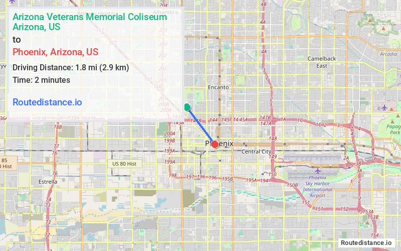 Route map from Arizona Veterans Memorial Coliseum to Phoenix