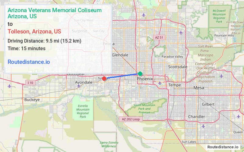 Route map from Arizona Veterans Memorial Coliseum to Tolleson