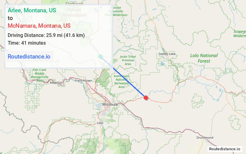 Route map from Arlee to McNamara