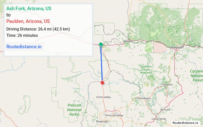 Route map from Ash Fork to Paulden
