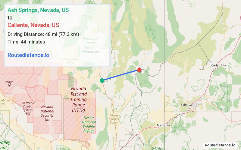 Route map from Ash Springs to Caliente