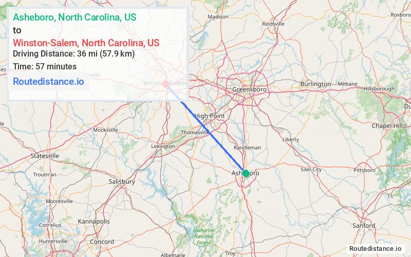 Route map from Asheboro to Winston-Salem