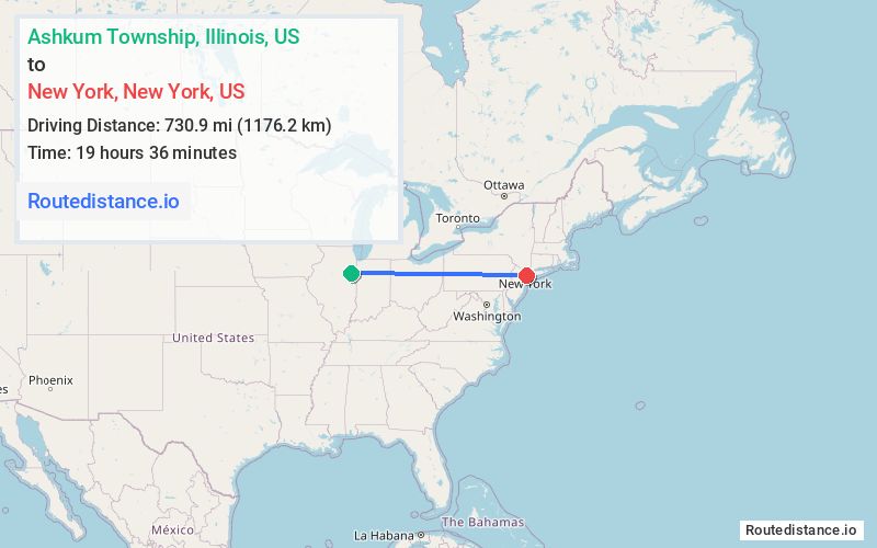 Route map from Ashkum Township to New York