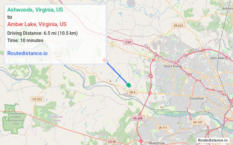 Route map from Ashwoods to Amber Lake
