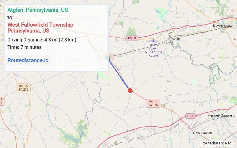 Route map from Atglen to West Fallowfield Township