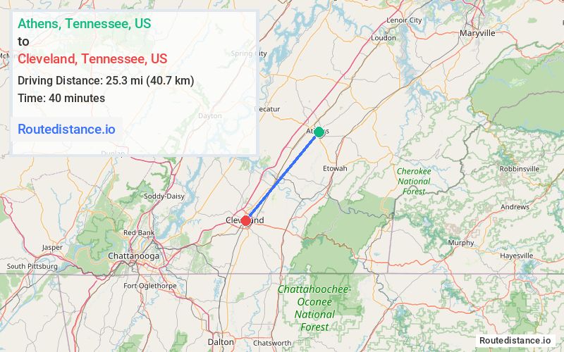 Route map from Athens to Cleveland