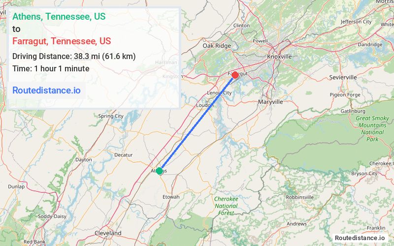 Route map from Athens to Farragut