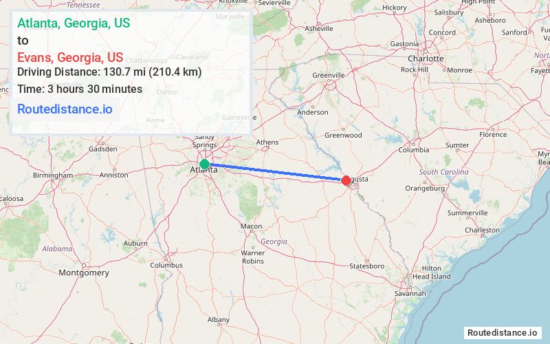 Route map from Atlanta to Evans
